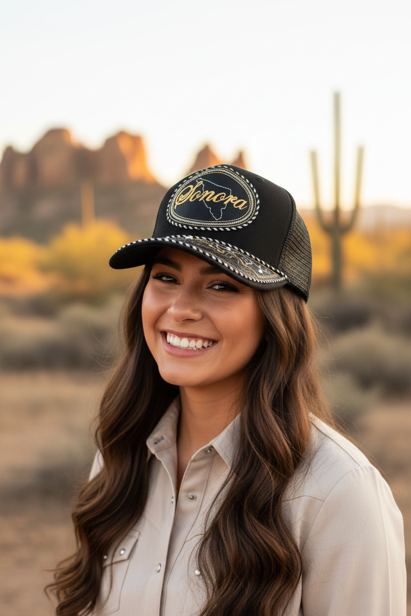 A smiling woman outdoors in a desert landscape at sunset wearing a black embroidered trucker hat with 'Sonora' in gold script and silver rhinestone trim, paired with a beige button-up shirt.
