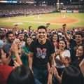 A smiling man in a crowded baseball stadium stands in the stands wearing a black t-shirt with a red and white 'Sultanes de Monterrey' graphic, surrounded by cheering fans with raised fists and clapping hands, with a lit baseball field in the background at night.