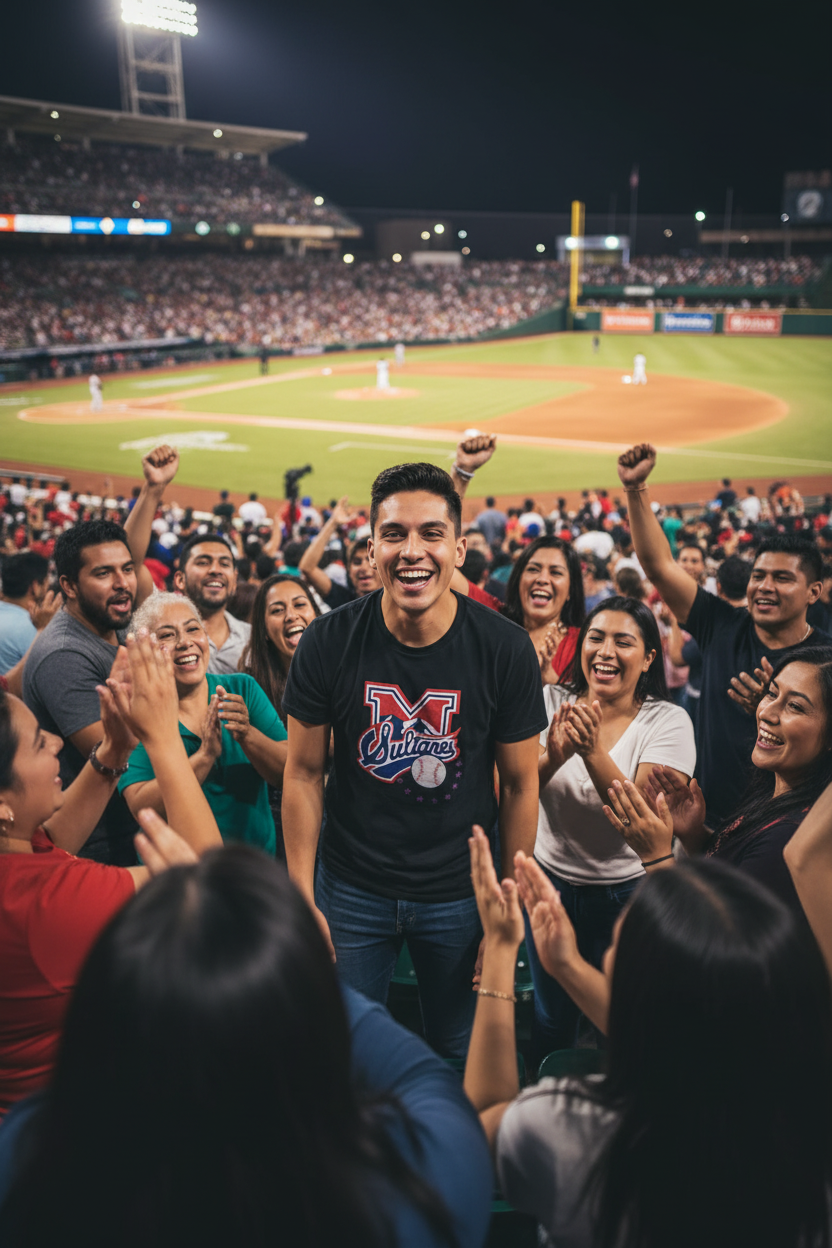 A smiling man in a crowded baseball stadium stands in the stands wearing a black t-shirt with a red and white 'Sultanes de Monterrey' graphic, surrounded by cheering fans with raised fists and clapping hands, with a lit baseball field in the background at night.