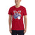 Men's red T-shirt with colorful baseball team logo graphic on front