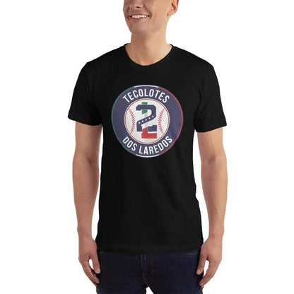 Black T-shirt with large circular blue and white front logo
