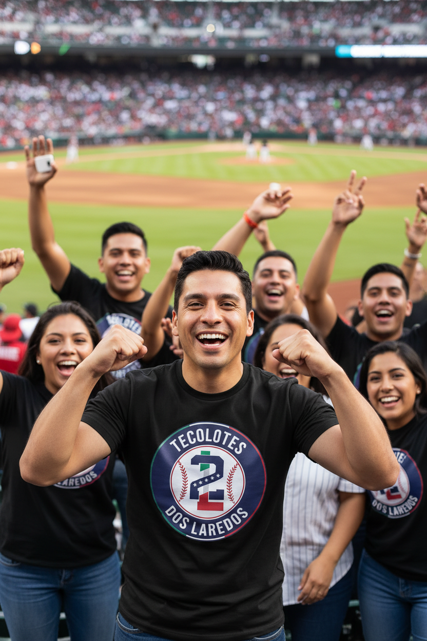 A person wearing a black Tecolotes de los Dos Laredos t-shirt in a 3XL size. The shirt has a baby blue color with a circular logo that includes the Tecolotes Dos Laredos name and branding.