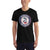 Black T-shirt with large circular blue and white front logo
