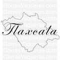 A black and white design of a map with the word 'Tlaxcala' written over it, representing the state of Tlaxcala in Mexico.