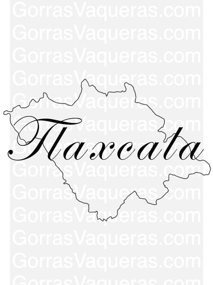Tlaxcala design with state outline and cursive Tlaxcala text, black line art