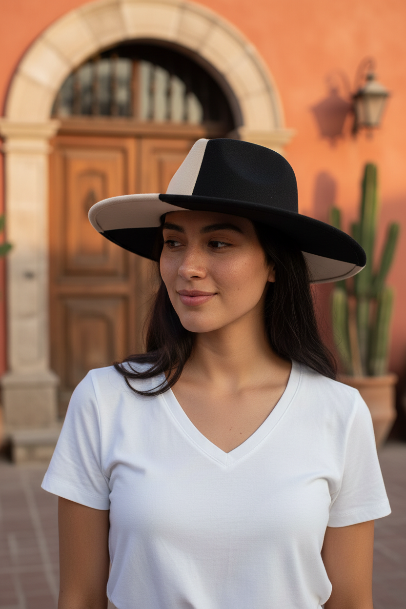 A beige and black two-tone wide brim Panama fedora hat.