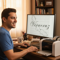 A man in a blue t-shirt sits at a wooden desk, smiling at a computer monitor displaying the word 'Nevadáz' over a map outline. A white and gray printer sits on the desk next to the monitor, with a mug and office supplies nearby.