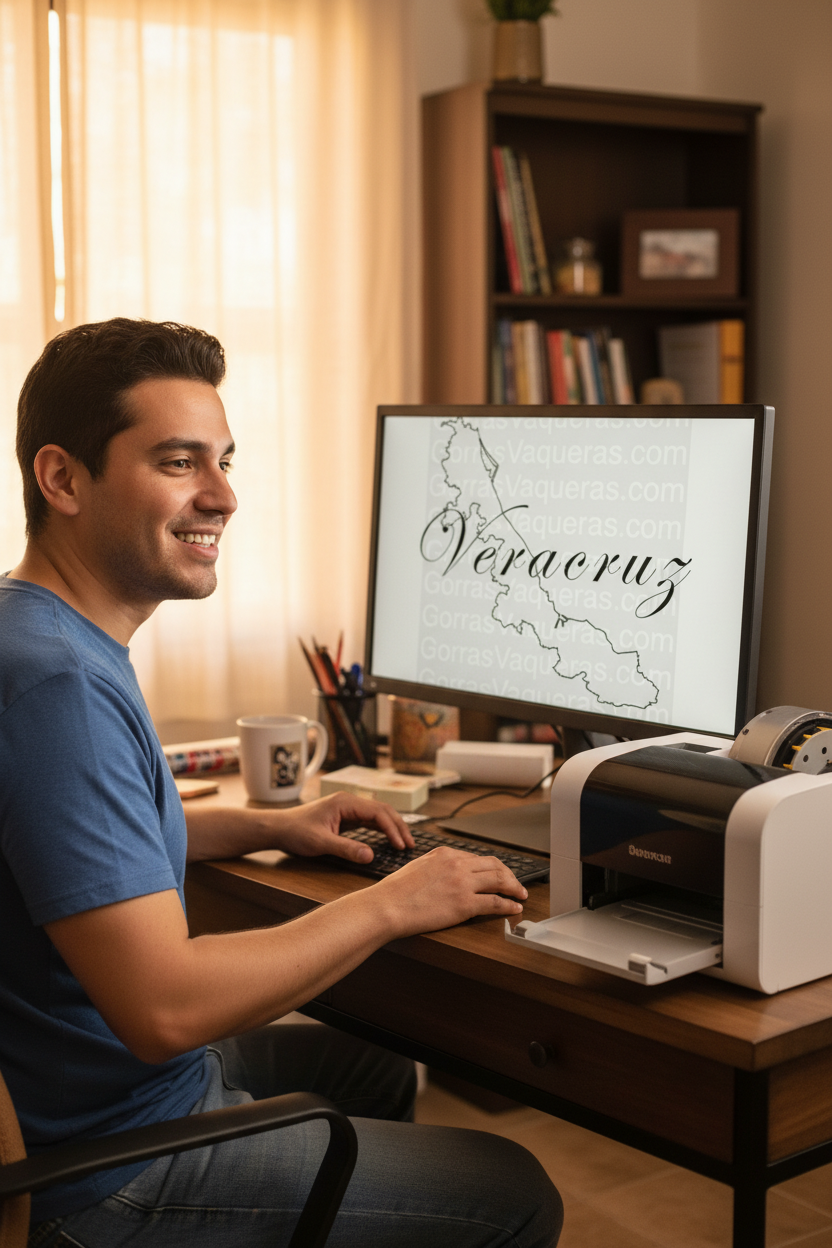 A man in a blue t-shirt sits at a wooden desk, smiling at a computer monitor displaying the word 'Nevadáz' over a map outline. A white and gray printer sits on the desk next to the monitor, with a mug and office supplies nearby.