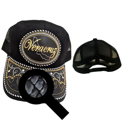 Black adjustable unisex Veracruz charro-style hat with embroidered snake-skin pattern