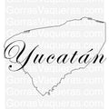 A black and white logo depicting the shape of Yucatán with decorative text elements, intended for use in various media projects.