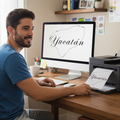 A man in a blue t-shirt sits at a wooden desk in a home office, looking at a computer monitor displaying the outline of the state of Yucatán with the word 'Yucatán' written in script. A printed sheet of the same design is visible in the printer tray.