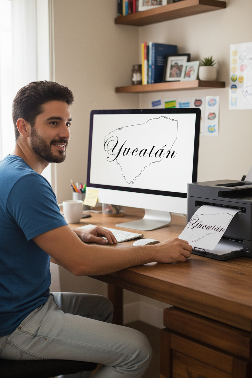 A man in a blue t-shirt sits at a wooden desk in a home office, looking at a computer monitor displaying the outline of the state of Yucatán with the word 'Yucatán' written in script. A printed sheet of the same design is visible in the printer tray.