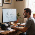 A man sits at a wooden desk in a home office, looking at a computer monitor that displays the text 'Gacatecas' over a map outline. The desk has a receipt printer, keyboard, and mouse, with framed art and a plant in the background.