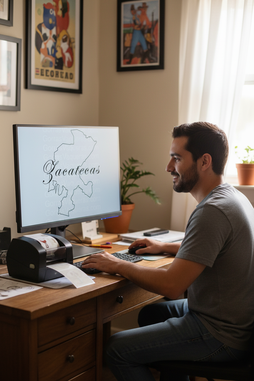 A man sits at a wooden desk in a home office, looking at a computer monitor that displays the text 'Gacatecas' over a map outline. The desk has a receipt printer, keyboard, and mouse, with framed art and a plant in the background.