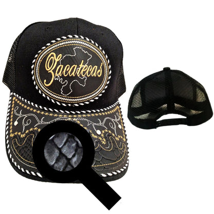 Black unisex charro-style hat with embroidered Zacatecas oval patch and snake-skin trim