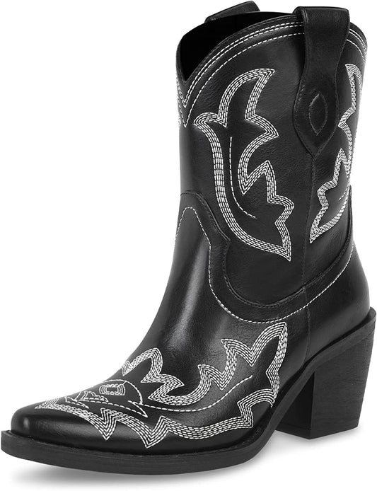 Wetkiss Women’s Western Cowboy Boots with Block Heel, Pull-On Tabs, and Classic Embroidery Design