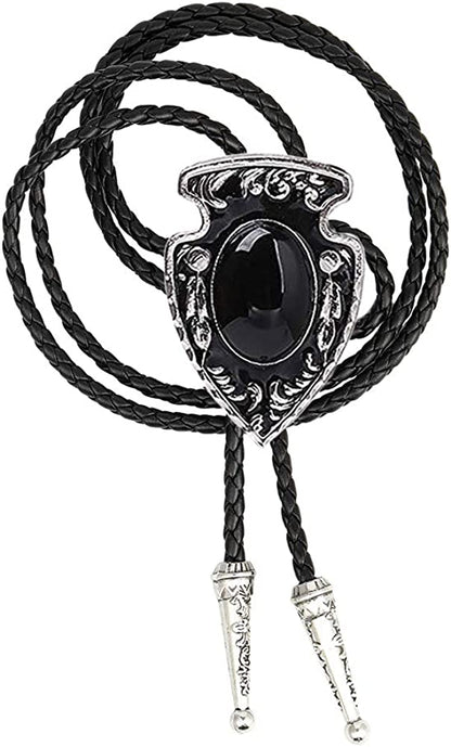 Men's bolo tie with braided black cord and silver oval clasp with black stone center