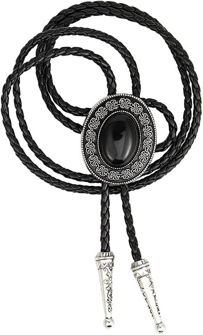 Bolo tie with dark oval cabochon pendant in round silver filigree and braided black cords