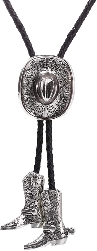 Antique silver western bolo tie with oval engraved pendant and boot-inspired charm