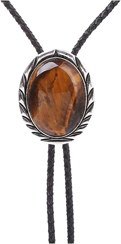 Oval bolo tie pendant with brown oval stone and braided black cords.