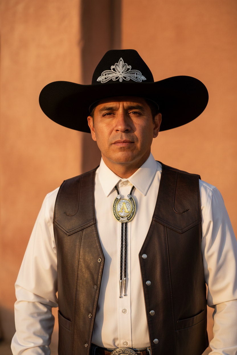 A man wearing a black cowboy hat with a silver decorative emblem, a white button-down shirt, a dark brown leather vest, and a silver bolo tie, standing against a warm, textured orange-brown wall.