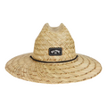 A natural straw fedora hat with a wide brim, featuring a black band and a central black brand patch that reads 'BILLABONG'.