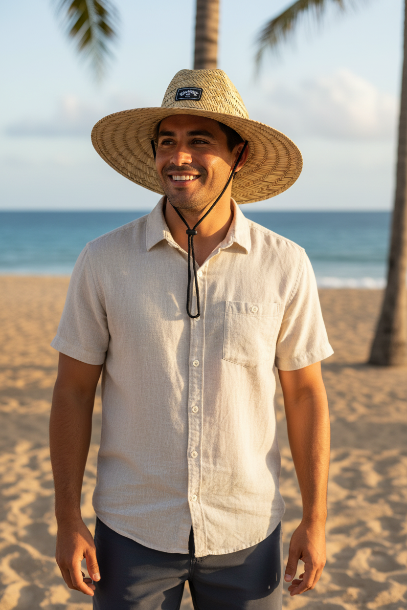 A man standing on a sandy beach wearing a wide-brimmed straw hat with a black chin cord, a light beige short-sleeve button-up shirt, and dark pants, with the ocean and palm trees in the background.
