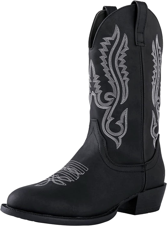 Men's black western cowboy boot side profile with round toe and embroidered detailing