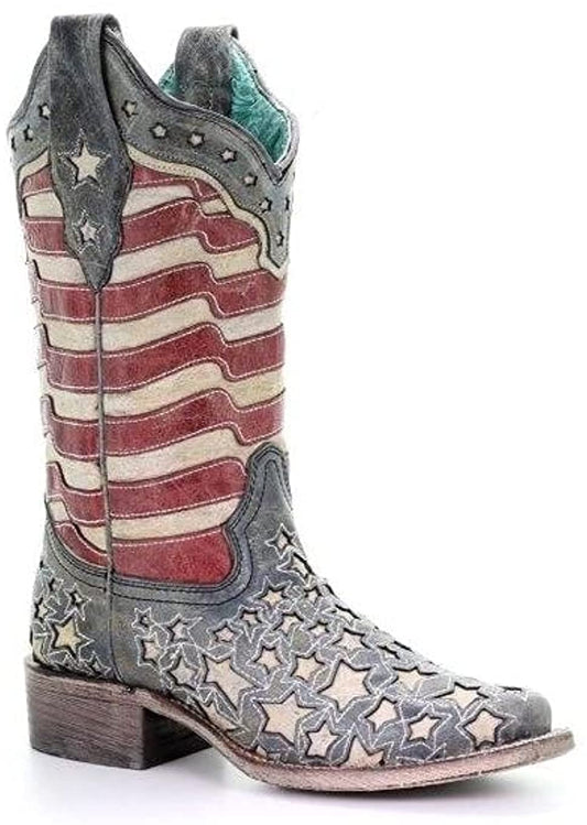 Botas vaqueras con punta cuadrada y incrustaciones A3758 de CORRAL para mujer, hechas a mano