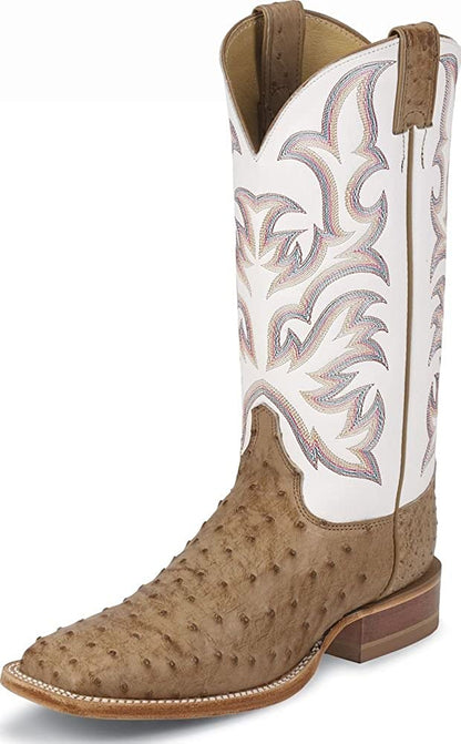 Men's cowboy boots with tan shafts and white floral embroidered quarters, tan toe and heel