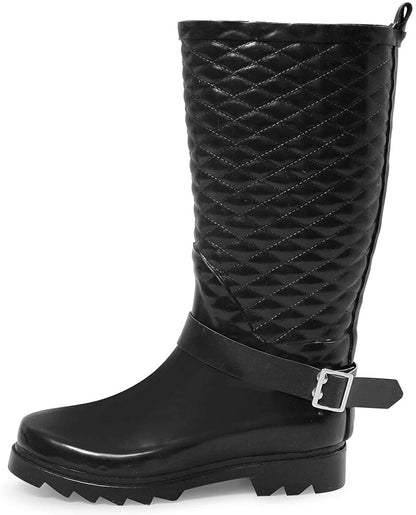 Women’s black quilted rain boots with side buckle and thick treaded outsole