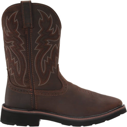Men's dark brown rancher work boot with square toe and decorative stitching, Wolverine