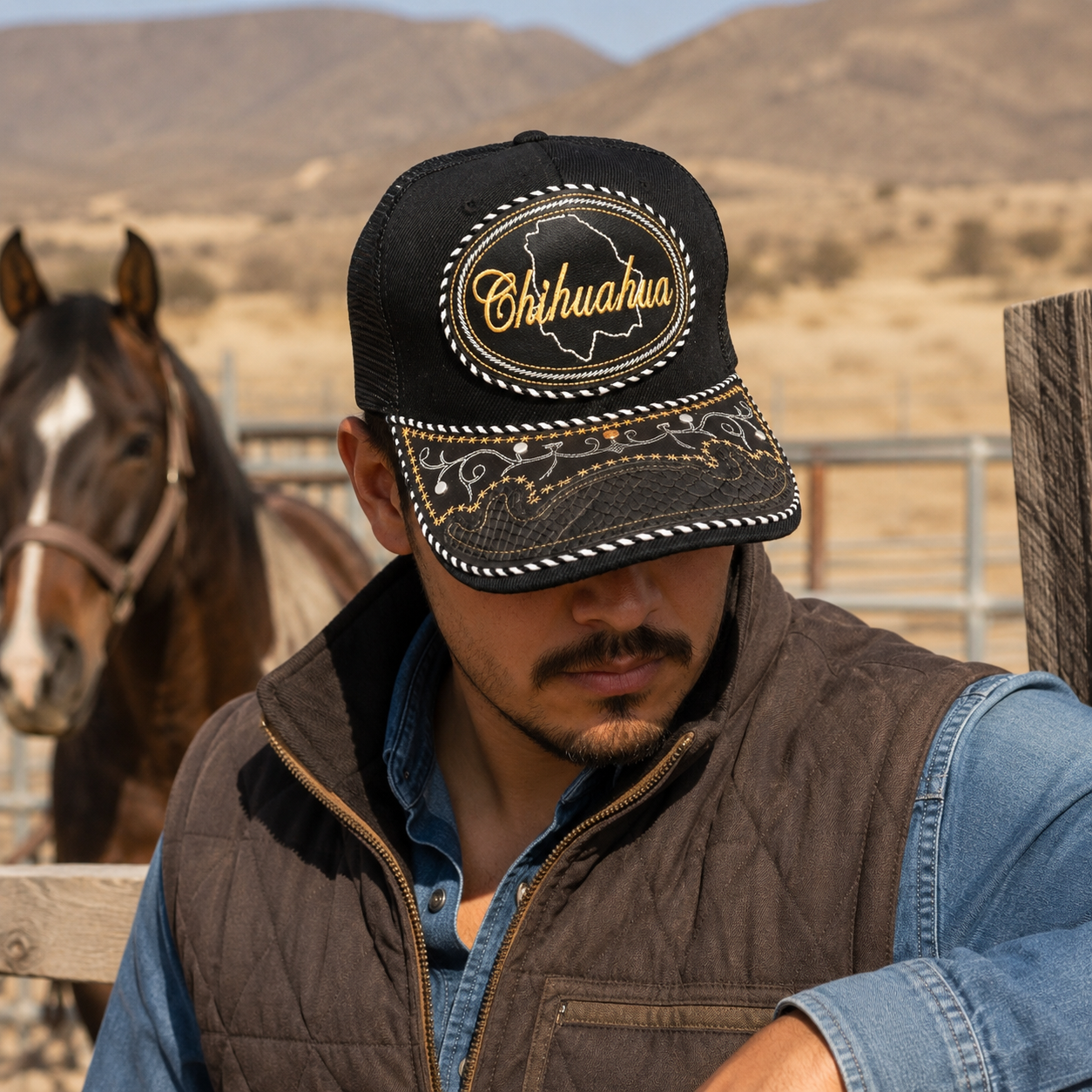A Mexican model wearing a black Chihuahua charro-style hat at a northern Mexican ranch with dry hills behind him. The embroidered Chihuahua name and map design are clearly visible on the front.