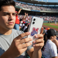 A young Hispanic man at a sunny baseball stadium holds his iPhone with a clear Sultanes de monterrey case, focusing on the screen while fans cheer in the background.