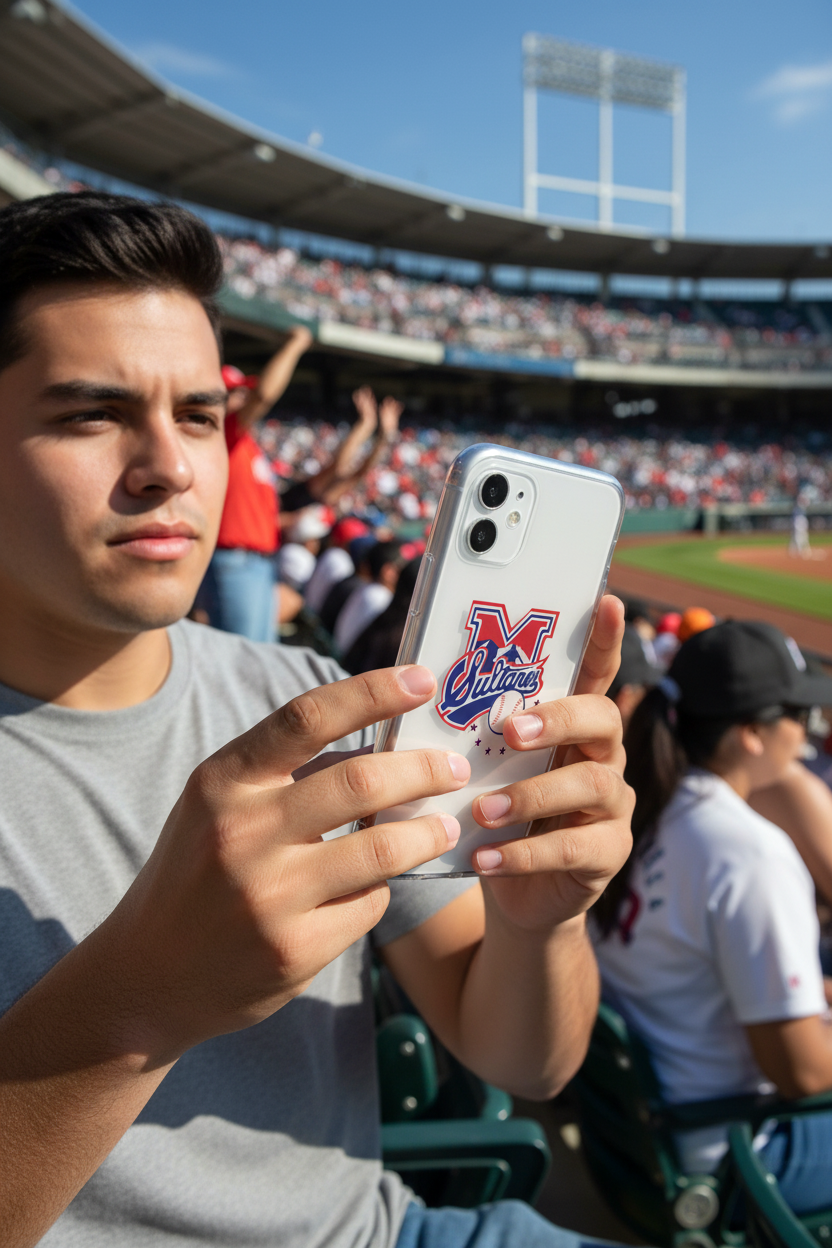 A young Hispanic man at a sunny baseball stadium holds his iPhone with a clear Sultanes de monterrey case, focusing on the screen while fans cheer in the background.
