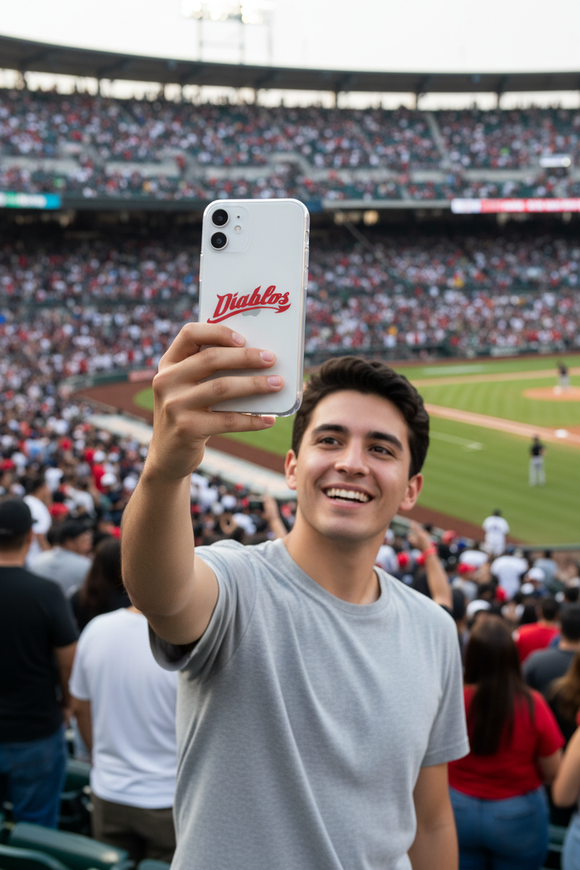 A man in a gray t-shirt takes a selfie in a crowded baseball stadium, holding a white phone with a red 'Dialos' logo on the back.