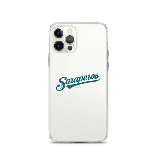 An iPhone case featuring the name 'Saraperos' in a blue cursive script on a clear background, showing the phone's camera and port openings.