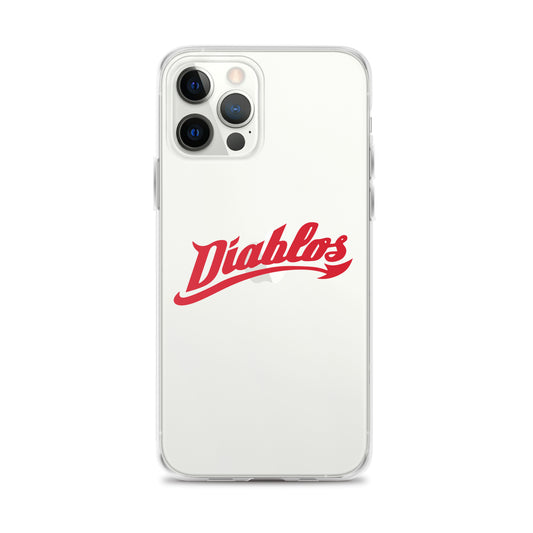 An iPhone case featuring the name 'Diablos' in red script across the back, with the phone's camera and buttons visible.