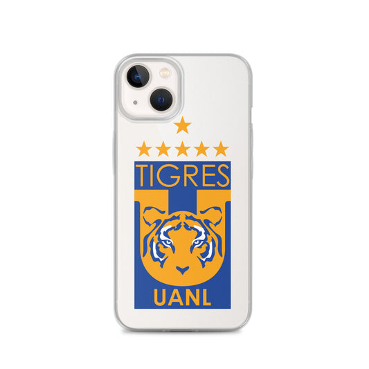A clear iPhone case featuring the Club Tigres logo in blue and yellow colors on the back.