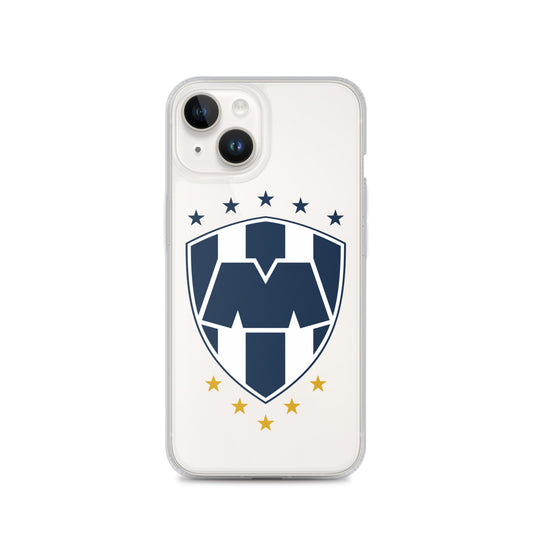An iPhone case featuring the Club Monterrey crest with a white, blue, and gold color scheme.
