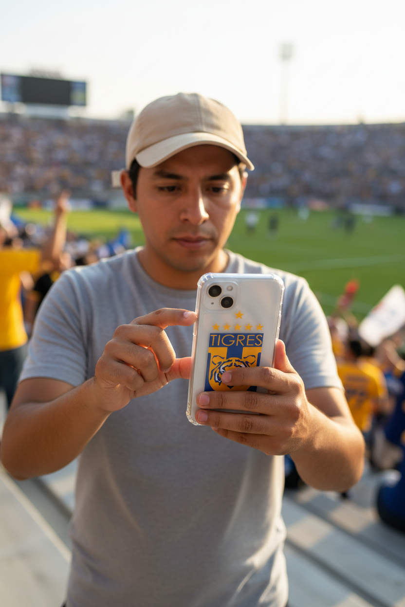 A man in a stadium wearing a gray t-shirt and beige cap takes a photo of a white smartphone with a blue and yellow Tigres jersey design on the back.