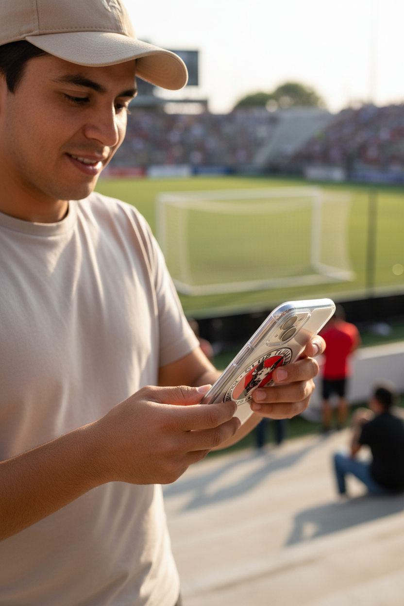 An iPhone case featuring the Club Tijuana logo with a white background, predominantly red and black, with a depiction of a goat's head.