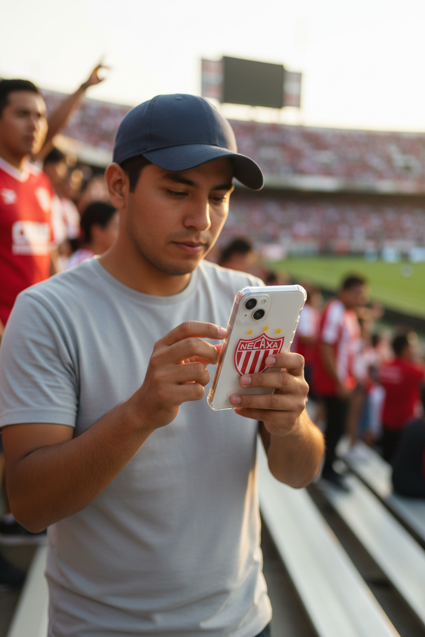 A clear iPhone case with the Club Necaxa crest printed in red and yellow on the back. The case shows the iPhone 13 port openings and camera alignment.