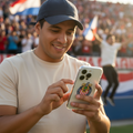 A man in a beige t-shirt and dark cap holds a silver smartphone with a colorful soccer crest sticker on the back, standing in a stadium crowd.