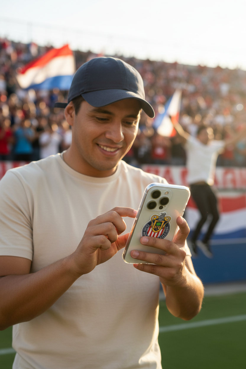A man in a beige t-shirt and dark cap holds a silver smartphone with a colorful soccer crest sticker on the back, standing in a stadium crowd.
