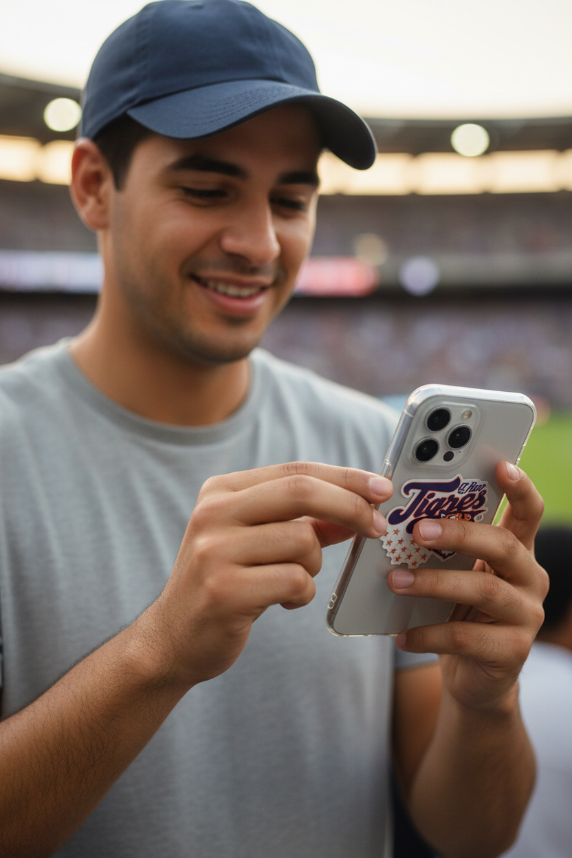 A man in a gray t-shirt and navy baseball cap holds a white smartphone with a 'Tigers' baseball case in a stadium setting.