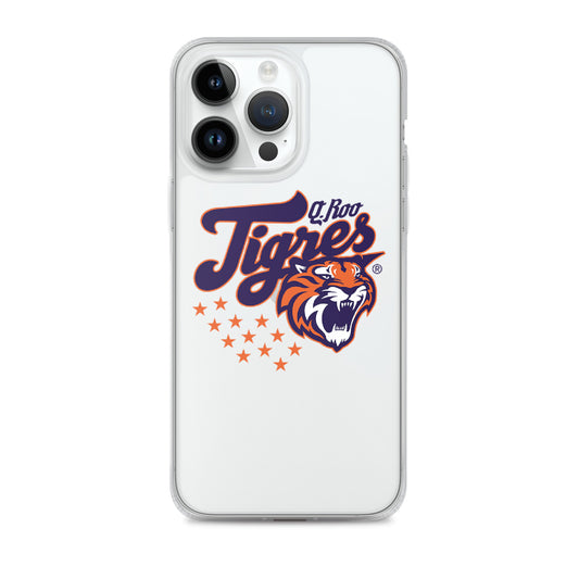 An iPhone case featuring the Tigres de Quintana Roo logo in orange and white colors on a clear background.