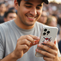 A smiling man in a navy blue baseball cap and gray t-shirt holds a silver smartphone with a Chicago Bulls sticker on the back, with a blurred crowd in the background.