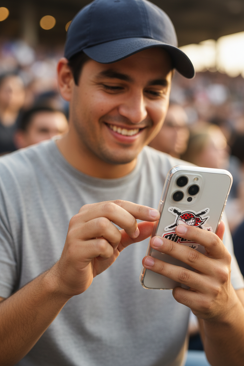 A smiling man in a navy blue baseball cap and gray t-shirt holds a silver smartphone with a Chicago Bulls sticker on the back, with a blurred crowd in the background.