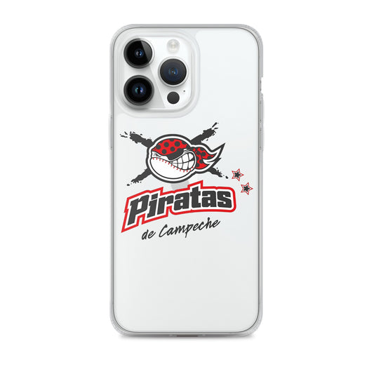 An iPhone case featuring a graphic with the text 'Piratas de Campeche' and a pirate logo in red, white, and black colors on a clear background.